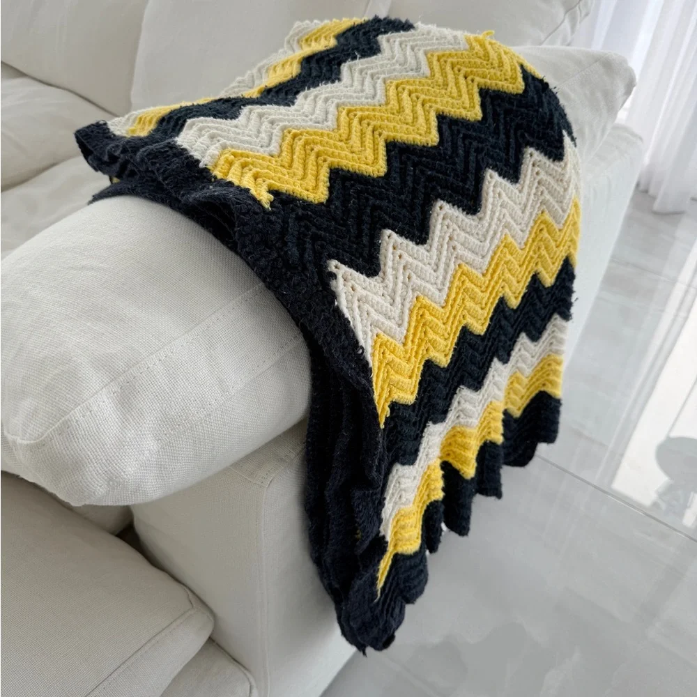 Handmade 1970’s Crocheted Chevron Patterned Afghan Blanket